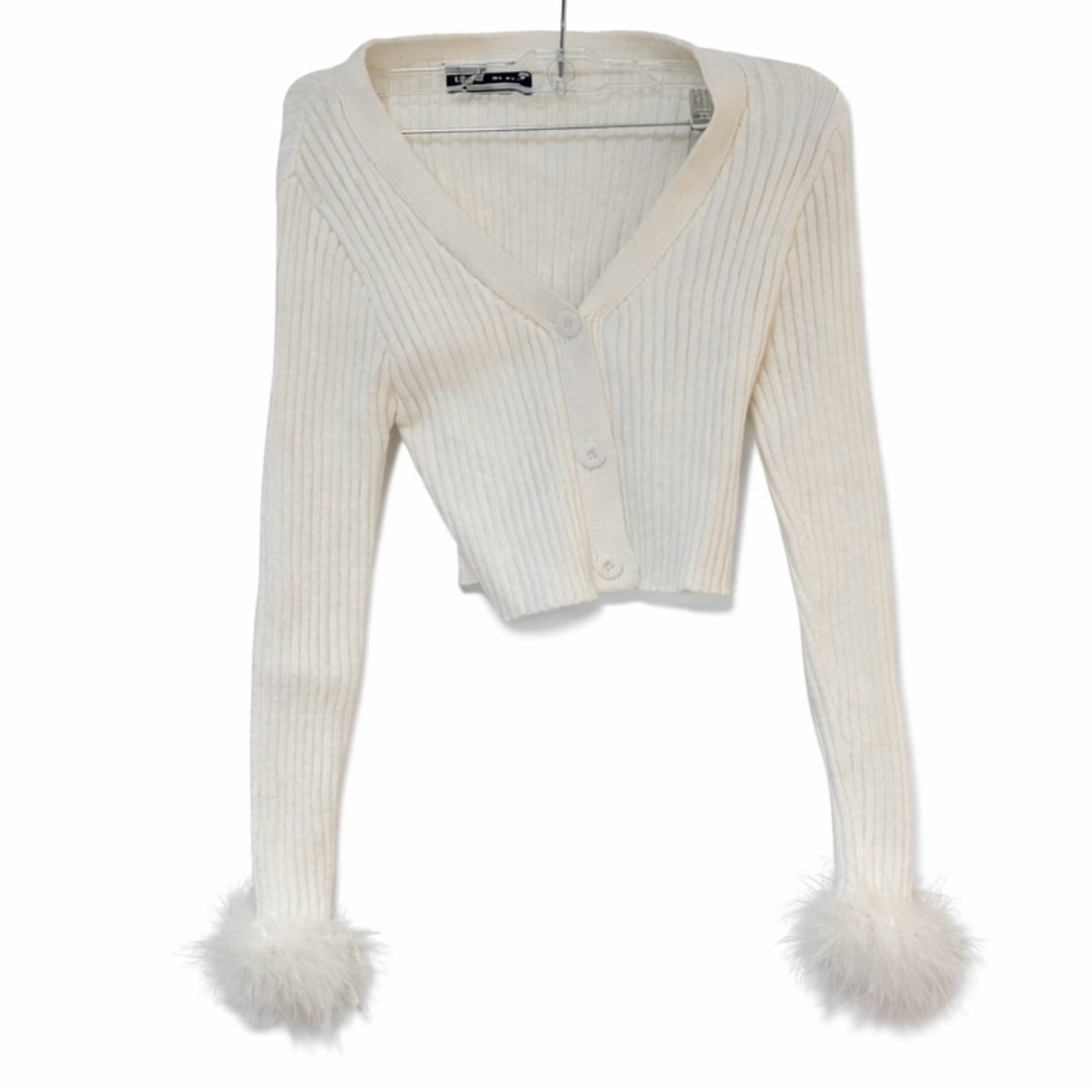 SHEIN white Cardigan with Faux Fur Cuffs